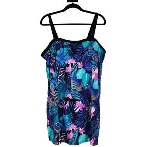 Swimsuits For All Blue Floral Tropical One Piece Swimsuit Modest Dress Size 26